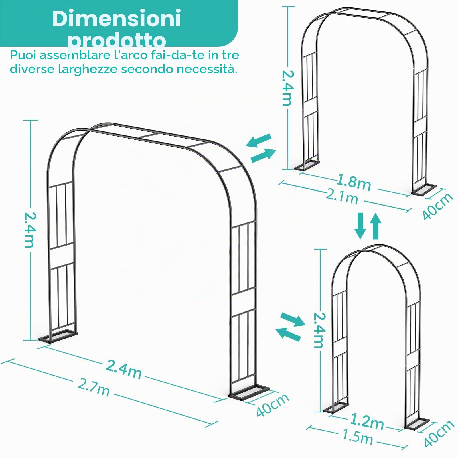 Xverycan Arco da Giardino, 240x240cm Arco in Metallo per Rose Piante Rampicanti, 1,2m 1,8m 2,4m Tre Larghezze Regolabili, Pergola da Giardino, Decorazione per Feste