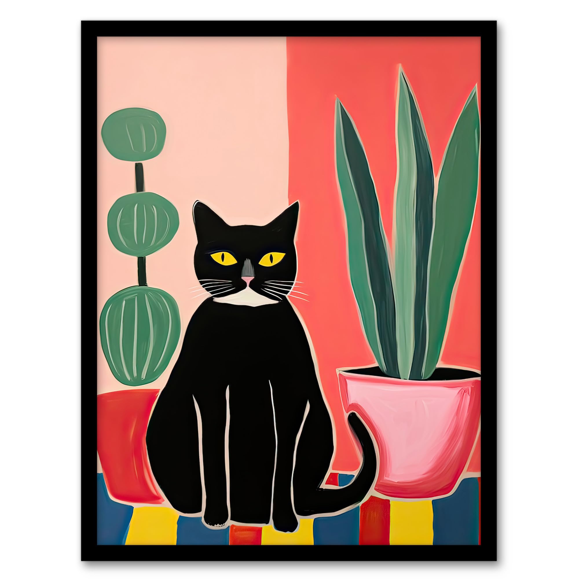 Artery8 Black Cat and Succulents Henri Matisse Style Oil Painting Simple Pet Portrait with Potted Plants Artwork Framed Wall Art Print 18X24 Inch