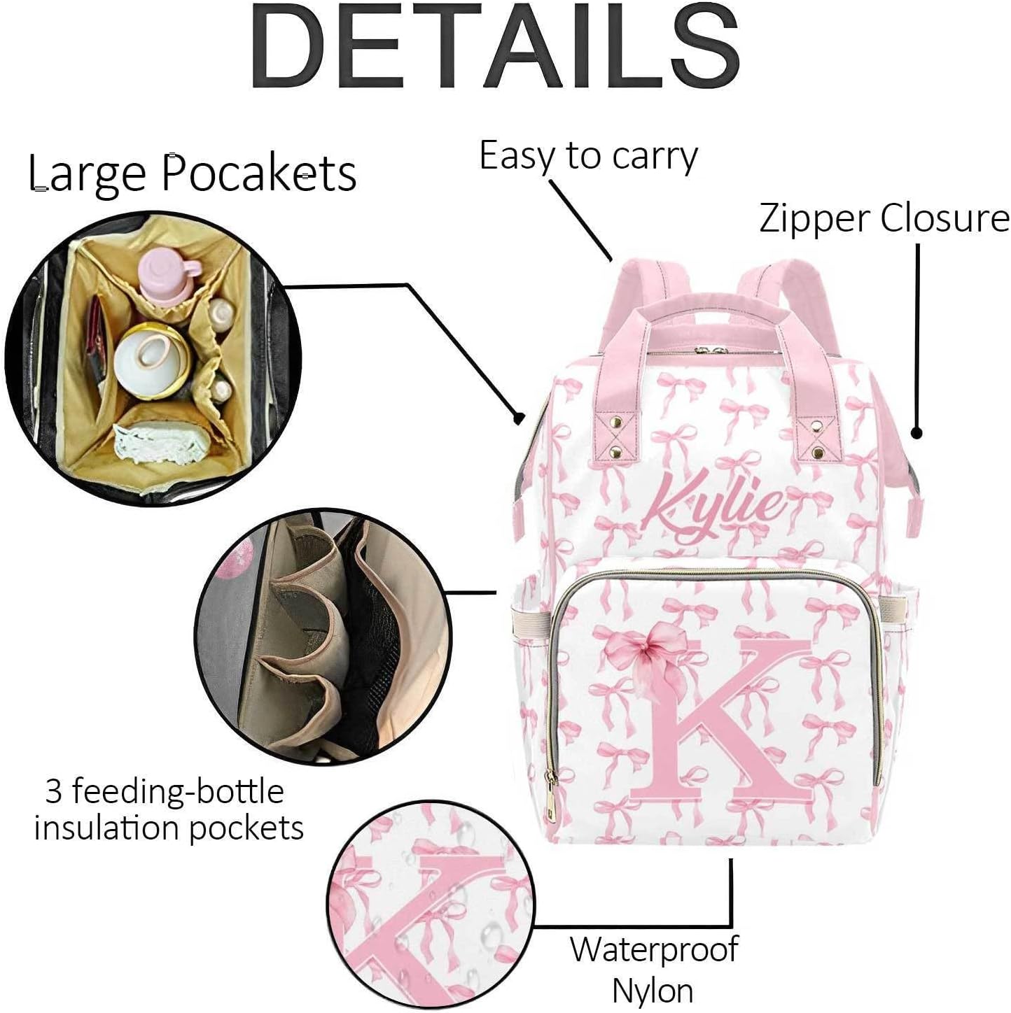 Personalized Pink Bow Diaper Bag Backpack with Name – Custom Baby Travel Tote for Mom or Dad, Nursing Bag for Girls, Shower Gift for Baby, Daycare Essentials Organizer
