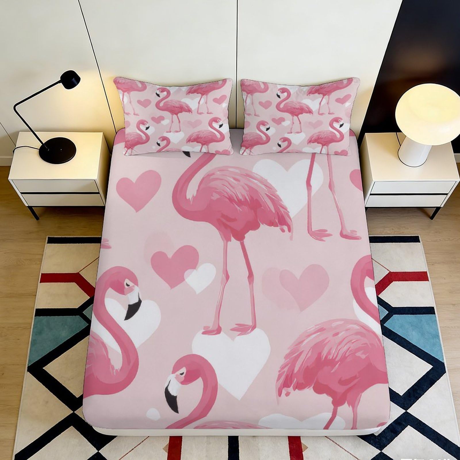 3D Printed Pink Flamingo Fitted Sheet Microfiber Deep Pocket Non-Slip Bedroom Bedding Flamingo Mattress Fitted Cover Washable for Adults Teens 200x200x25cm 90x200x25cm