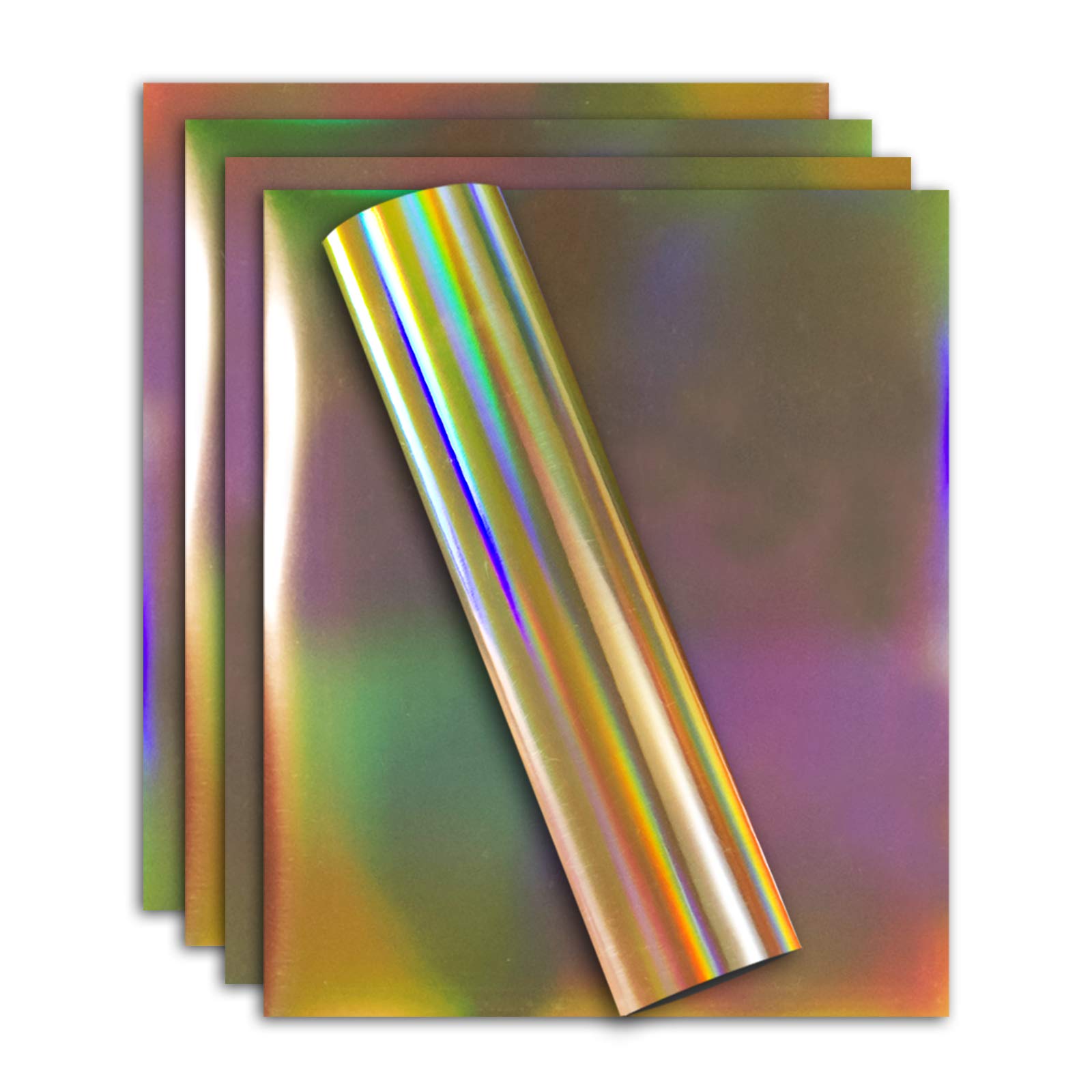 Holographic Stretchable Metallic Heat Transfer Vinyl Iridescent Gold Foil, Iron On HTV Bundle for DIY Your Own Clothes, 12x10 Inch, Pack of 5 Sheets, Eco-Friendly