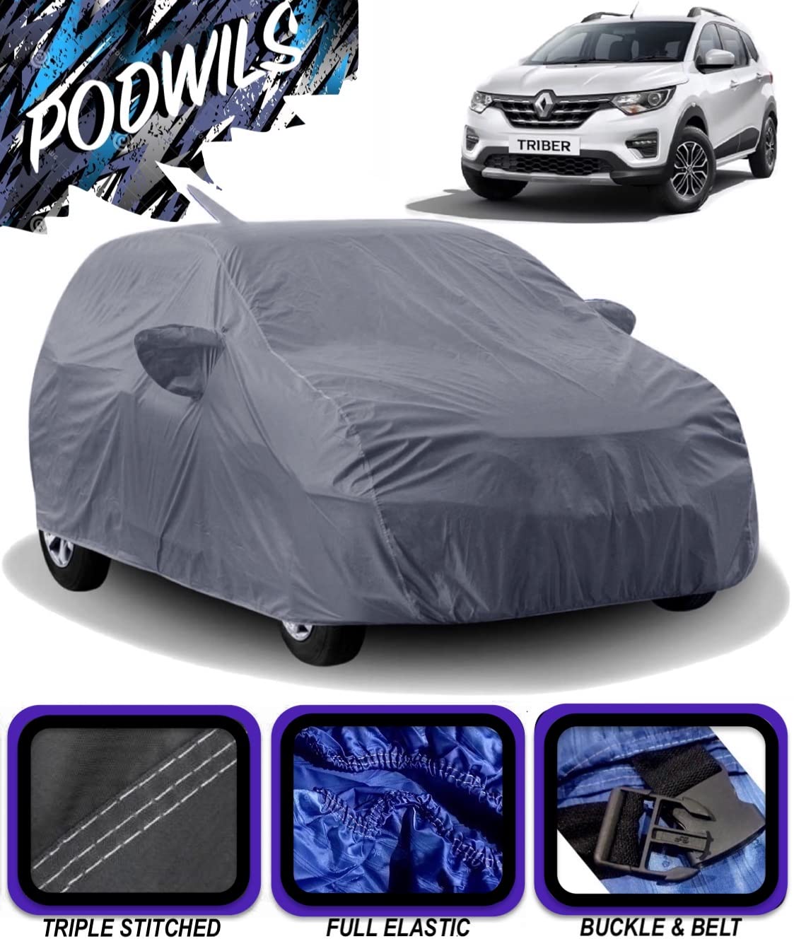 PODWILS Renault Triber Car Cover Waterproof/Renault Triber Cover Waterproof/Renault Triber Car Body Cover with Triple Stitched Fully Elastic Ultra Surface Body Protection (Grey Look)