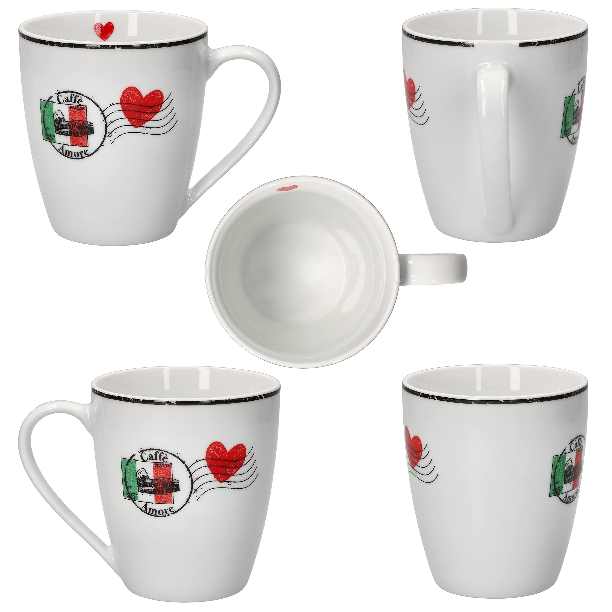 MamboCat Caffee Amore Set van 6 koffiekopjes met handvat, 300 ml, voor 6 personen, porseleinen mokken voor warme dranken zoals thee, cacao, koffie enz. I hartdecoratie Italiaanse vlag