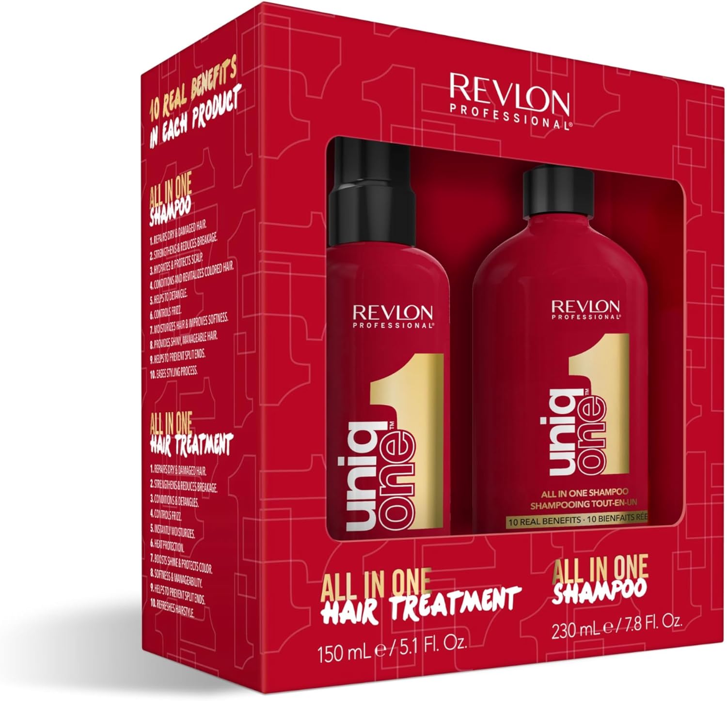REVLON PROFESSIONAL UniqOne Hair Care Kit 150ml Anti-Frizz Spray with Heat Protection and Shampoo 230ml for Silky, Shiny and Well Combed Hair – Vegan