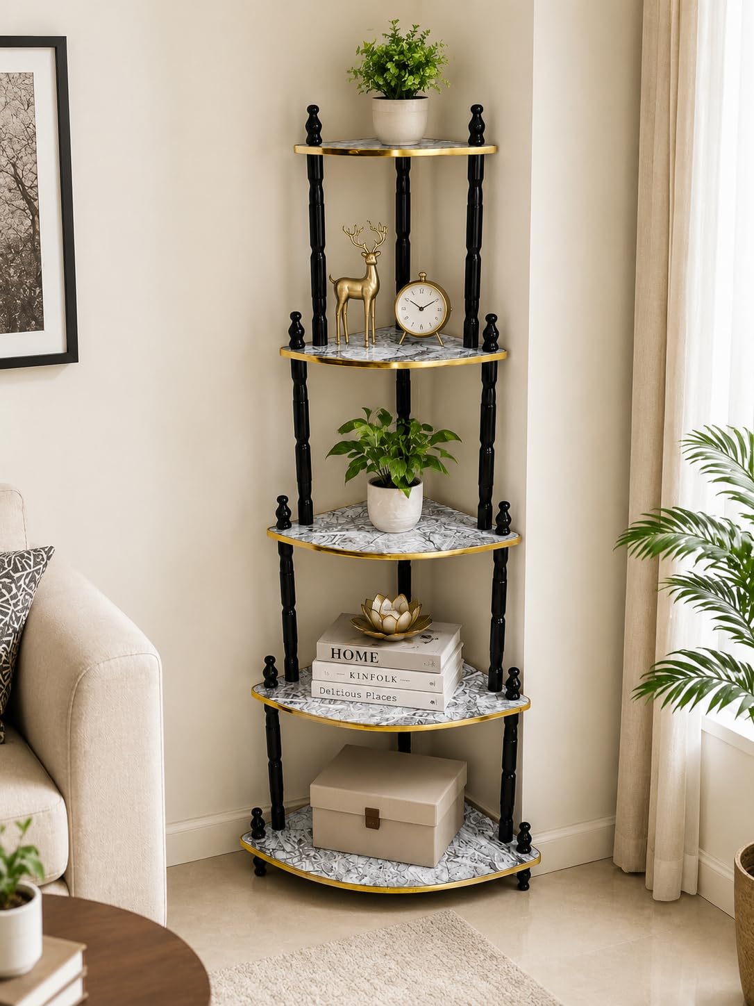 Decorative Corner Shelf Unit, 5 Tiers | Traditional Hand-Painted Wooden Whatnot Stand with Ornate Finials | Multi-Level Display Rack for Plants, Books & Collectibles-image-47