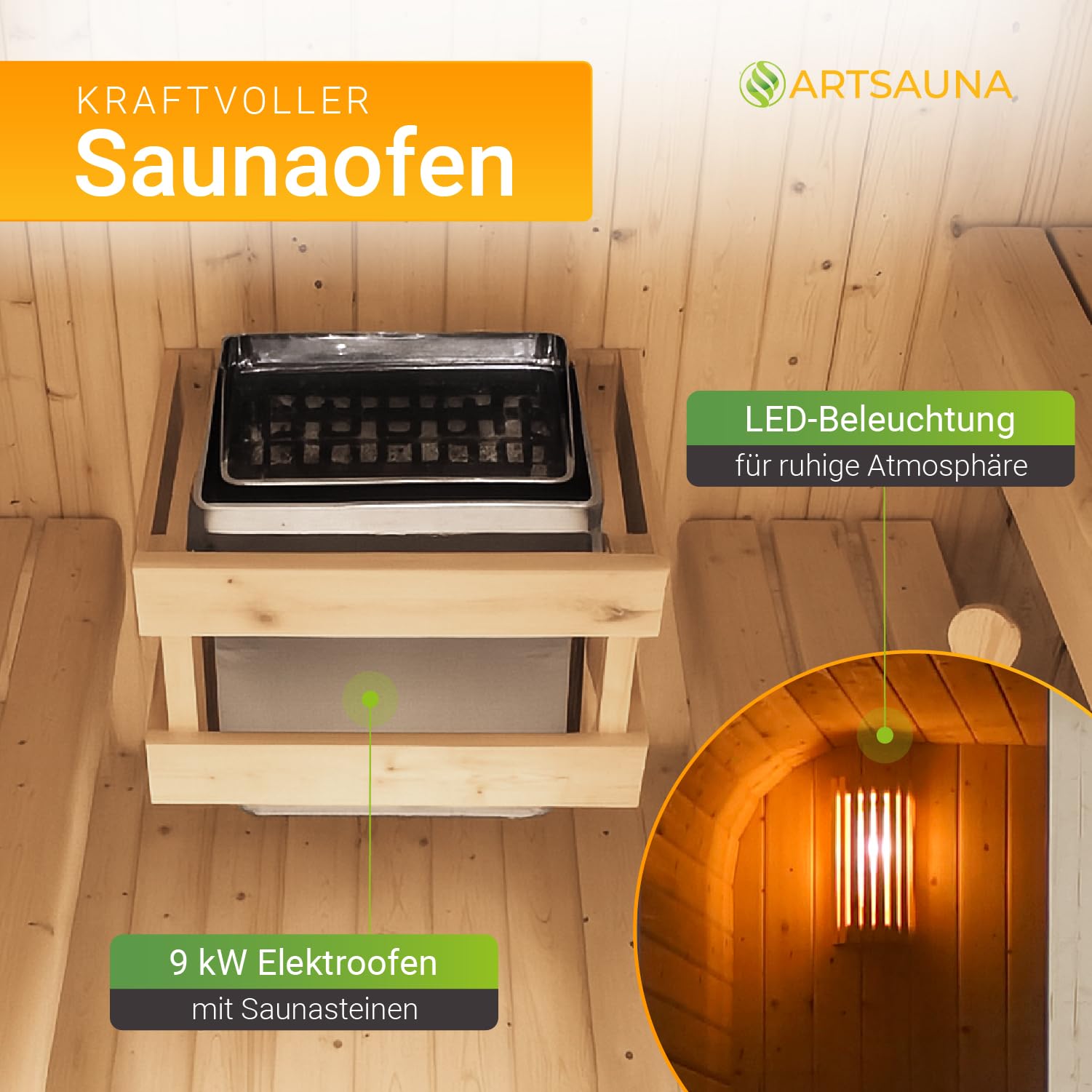 Artsauna Fasssauna Fjora Outdoor-Sauna Fichtenholz 6 Personen 9 kW Ofen LED-Beleuchtung Zubehörset