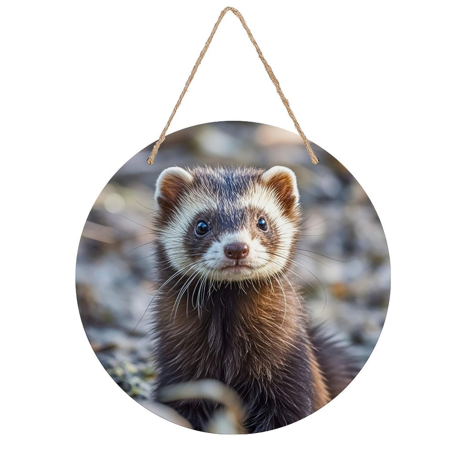 FekiLoot Round Hairy Ferret Wall Art Decor Painting Wooden Hanging Sign with Ropes Bohemian Wall Hanging Retro Mid Century Modern Wall Art for Home Bedroom Living Room 7.9x7.9 in
