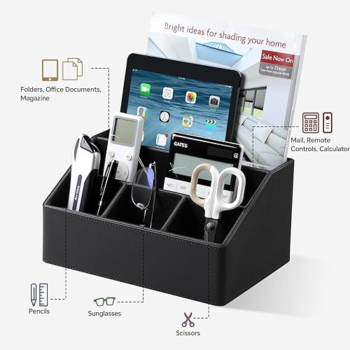 Miniatura 3 de Soporte de control remoto con 5 compartimentos para suministros de arte de oficina, organizador de mesita de noche de piel sintética, organizador de
