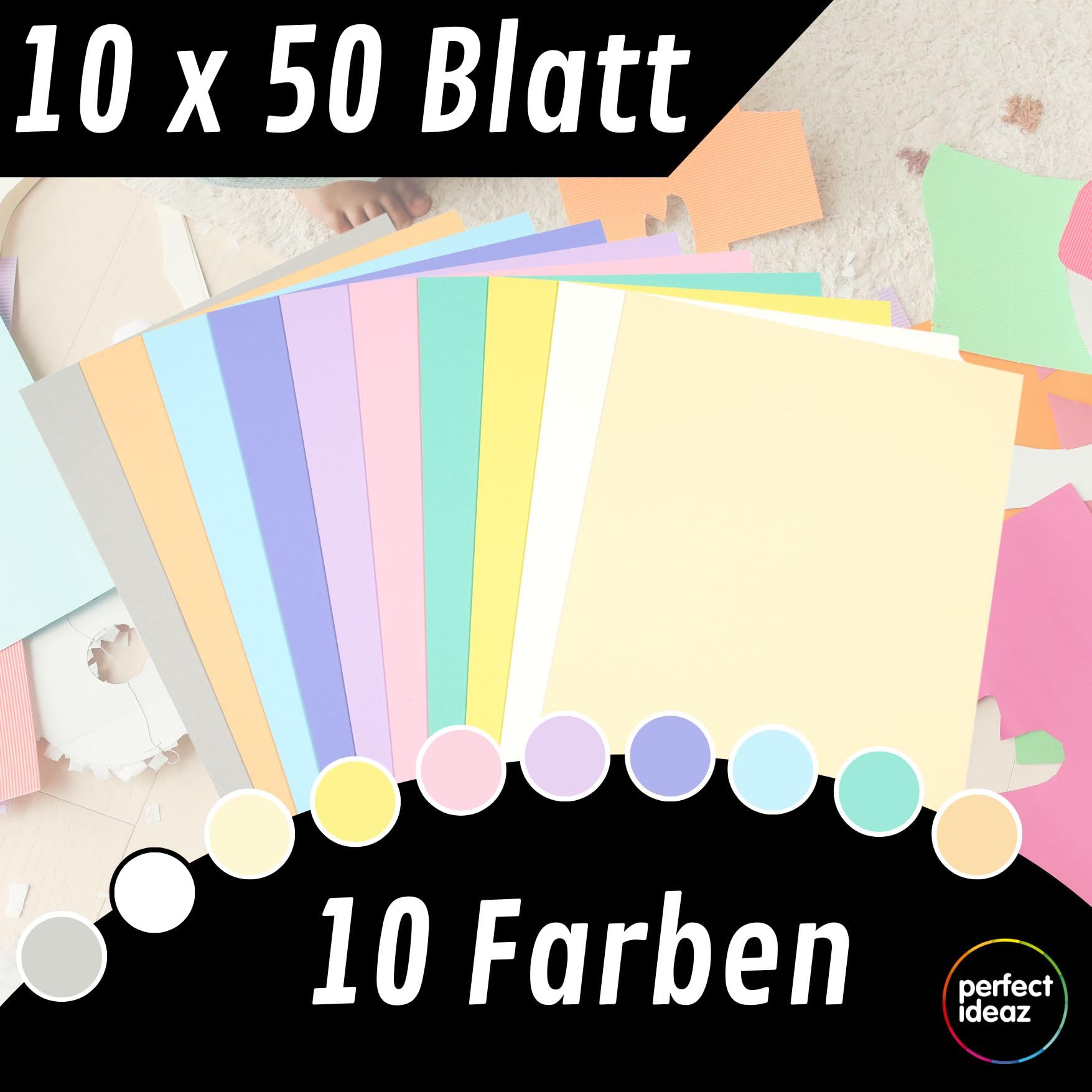 perfect ideaz 50 hojas de cartón fotográfico DIN A2, 10 colores, cartón reciclado estable de 300 g/m², fabricado en Alemania, certificado Blauer Engel