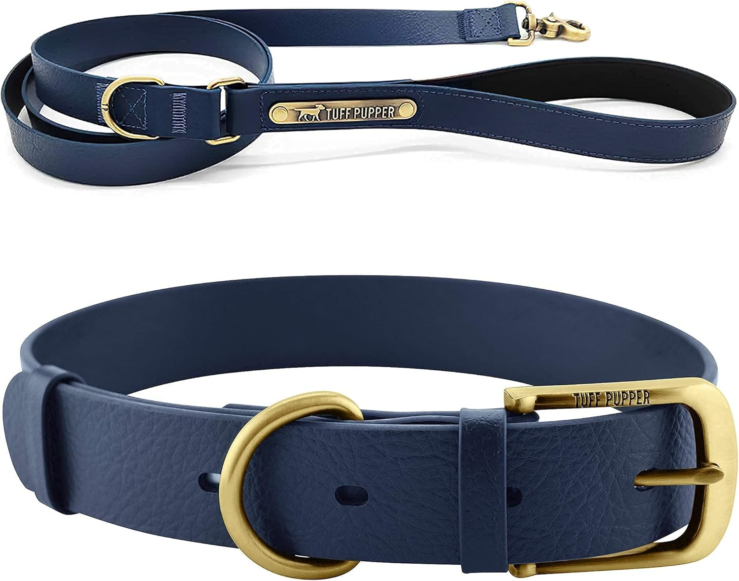 Tuff Pupper Classic Leash and Classic Collar (Neck Size 19-23") | Matching Midnight Blue Color | Stronger Than Leather | Waterproof | Odor Free | Rust Proof | Guaranteed for Life