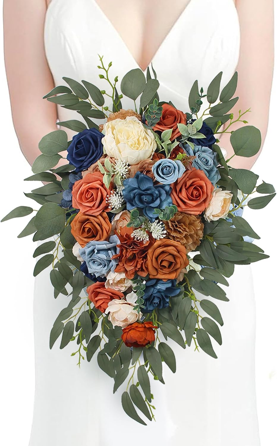 Rinlong Fall Cascading Wedding Bouquets for Bride Terracotta Navy Blue Cascade Boho Bridal Bouquet for Wedding Burnt Orange Navy Artificial Silk Flowers Bouquet