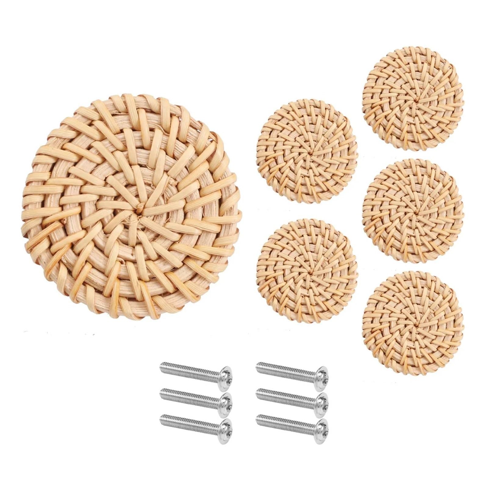 Lsnnmu One Color 6Pcs Rattan Dresser Knobs Round Wooden Drawer Handmade Wicker Woven And Screws For Furniture For Home