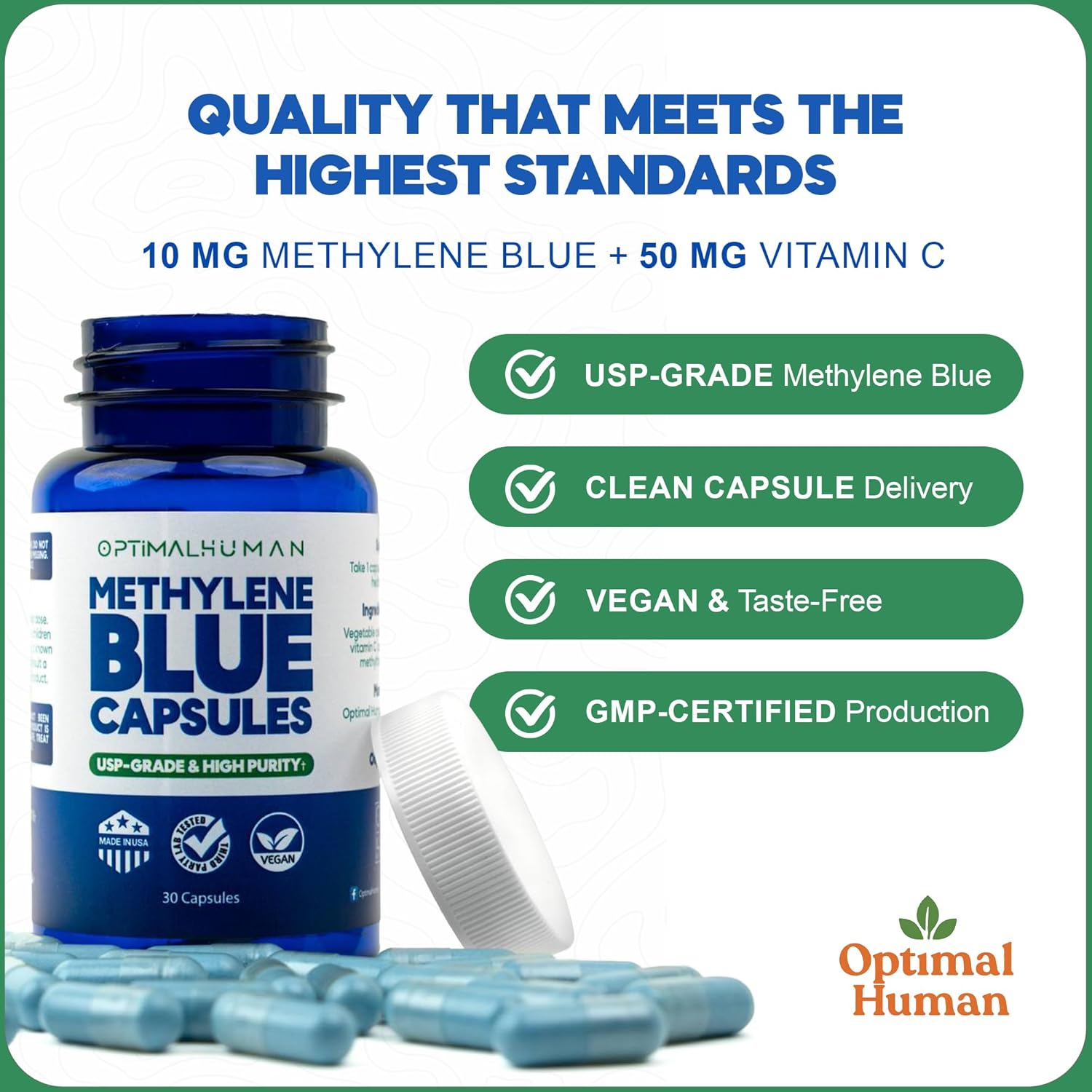 Optimal Human Naturals Methylene Blue Tablets (10mg) – High Purity, USP Grade with Vitamin C - Vegan, Unflavored Blue Methylene Capsules - Easy to Take Pills w/No Fillers or Dyes - 60 Count - Image 3