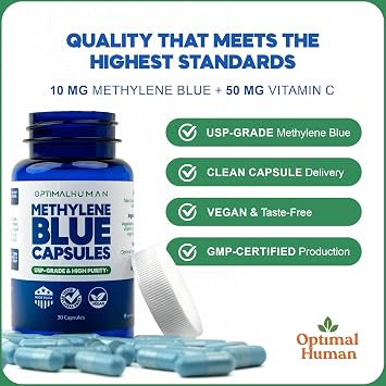 Optimal Human Methylene Blue Capsules 10mg USP, Vitamin C, 60 Ct