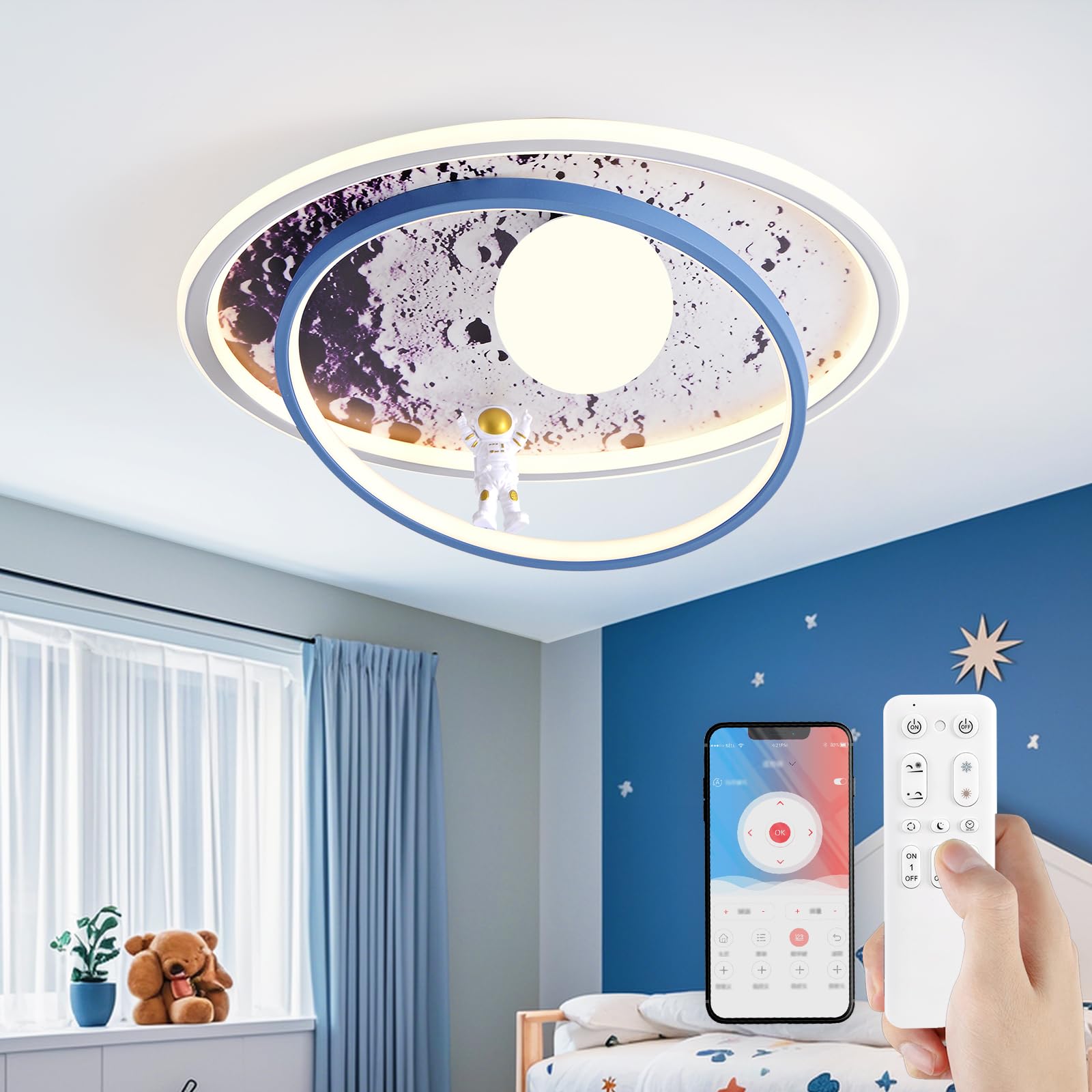 RRBEST LED Children Ceiling Light, 50cm Creative Cartoon Astronaut Ceiling Light with Remote Control, Dimmable Kindergarten Ceiling Lamp for Kids Room Girls Boy Bedroom, Blue-White Ball