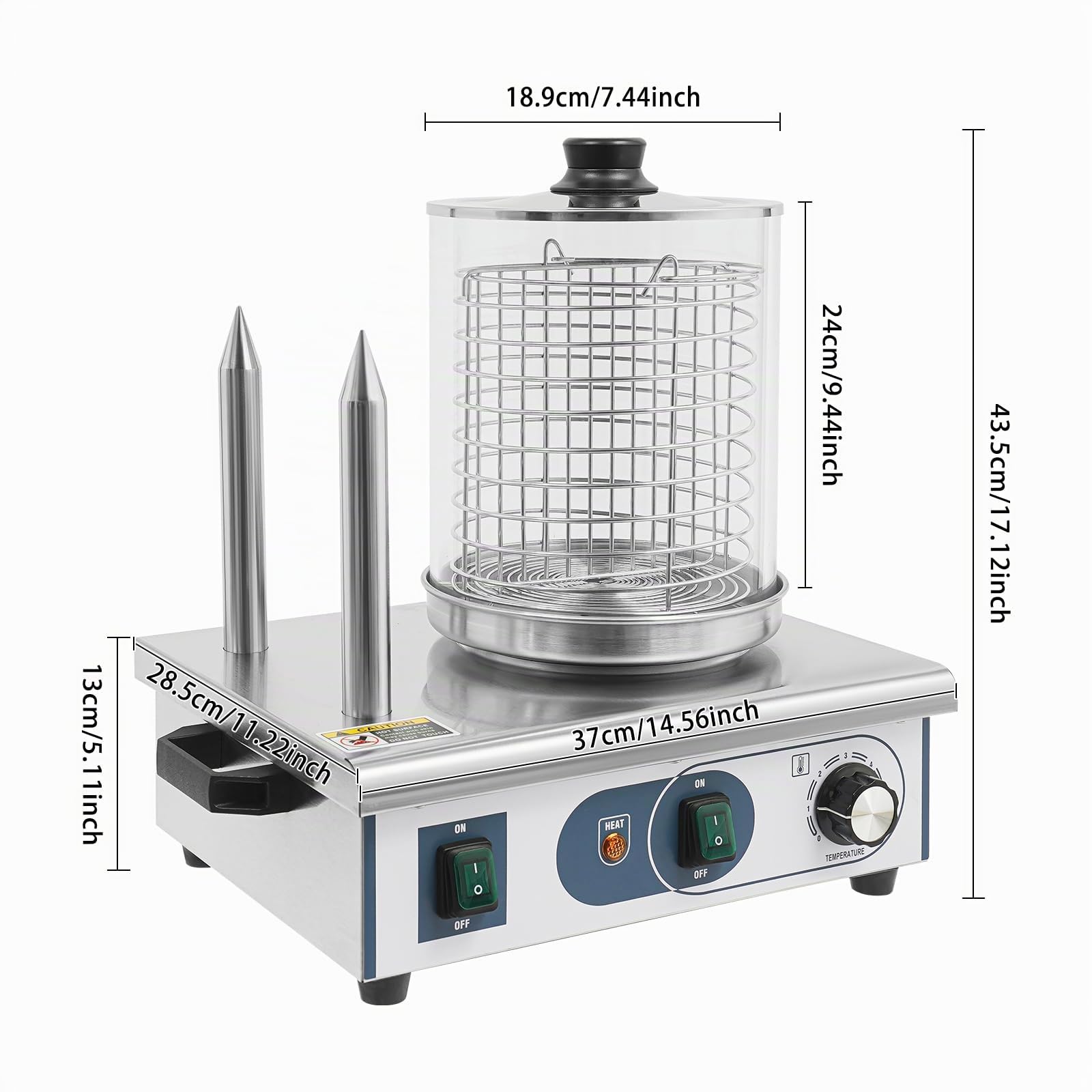Hot Dog Maker - Calentador eléctrico de salchichas (550 W, 220 V, con 2 estacas y cilindro de cristal, 6 L, temperatura ajustable de 50 a 300 °C, para restauración y bares de aperitivos)
