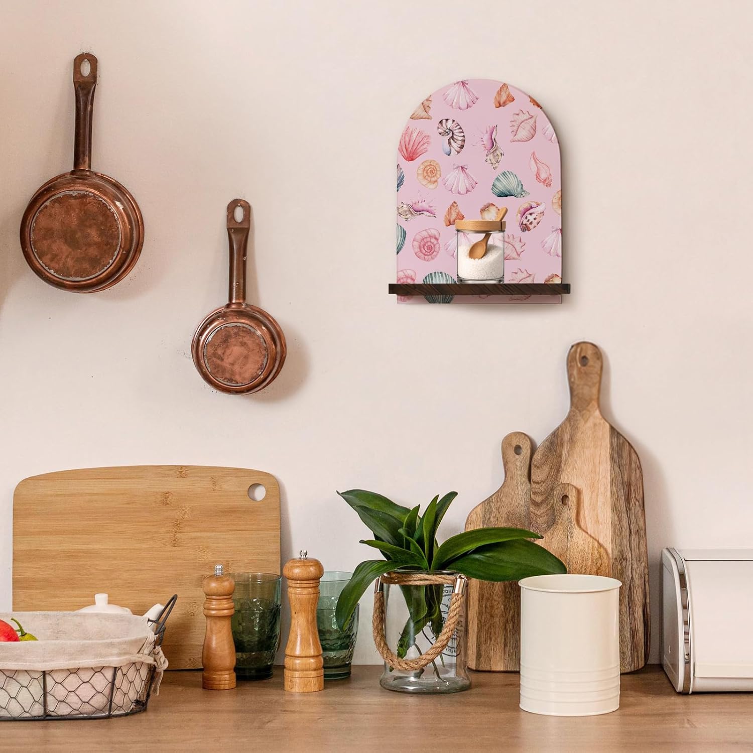 Pink Berach Coastal Seashell Arched Wall Shelf Decor, Preppy Seashell Wooden Floating Shelves, Pink Coastal Sea Shell Hanging Wall Shelves Decor for Bathroom Living Room, 11.81x8.74In