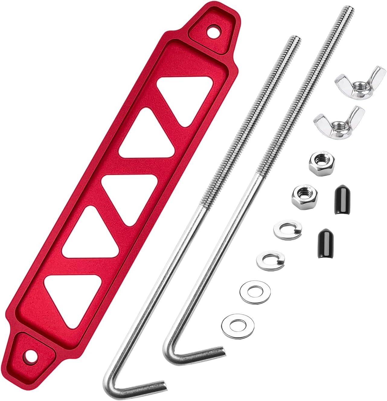 Battery Hold Down Sets,with Billet Aluminum Battery Tie Down Bracket and 18-8(304) Stainless Steel J Bolts (Red, 10 inch Bolts)