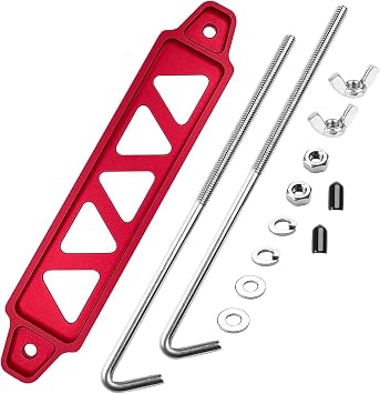 Battery Hold Down Sets,with Billet Aluminum Battery Tie Down Bracket and 18-8304 Stainless Steel J Bolts Red, 10 inch Bolts