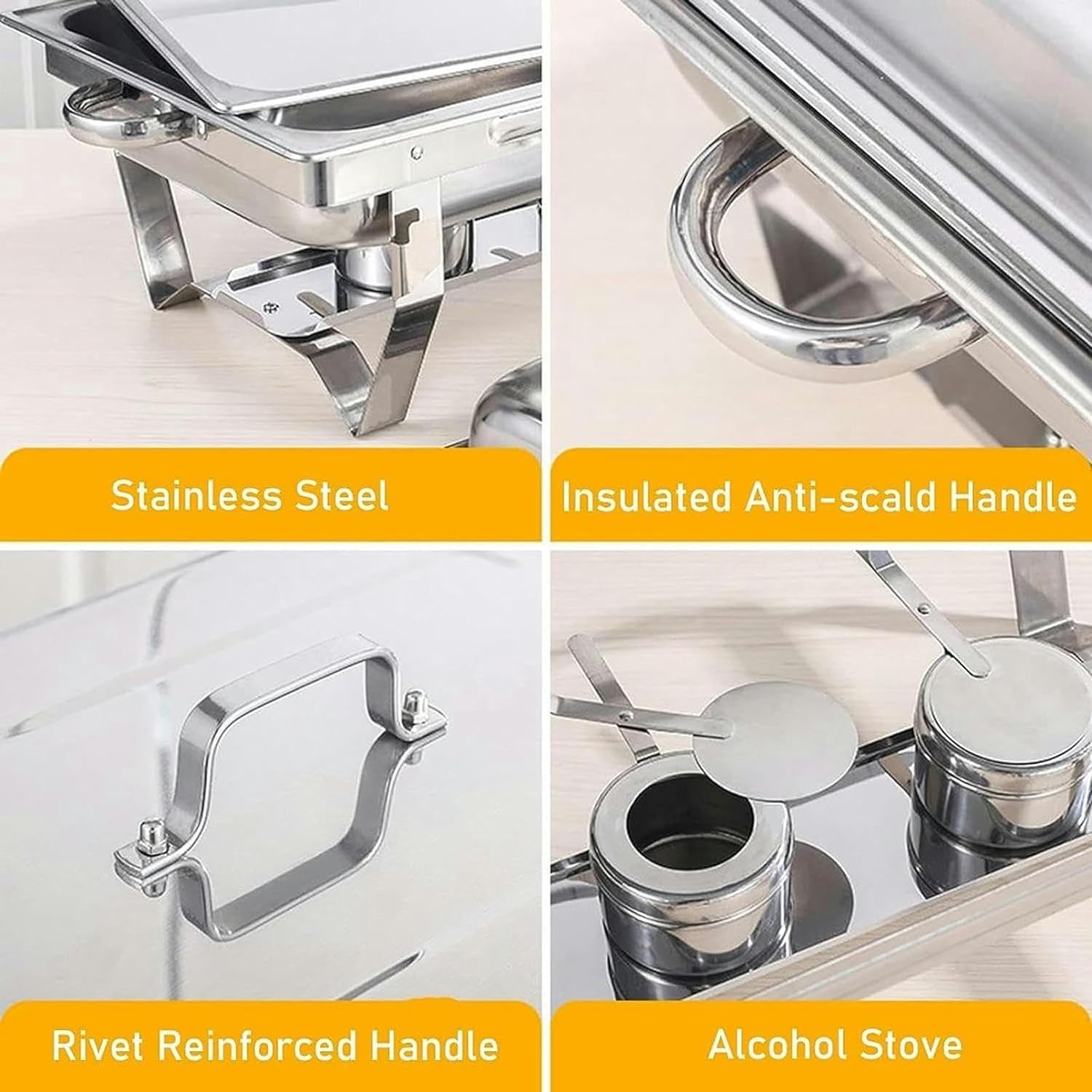 Juego de calentador de buffet de acero inoxidable, calentador de alimentos de 11 litros con tapa abatible, estante de combustible y plato de alimentos para catering y eventos