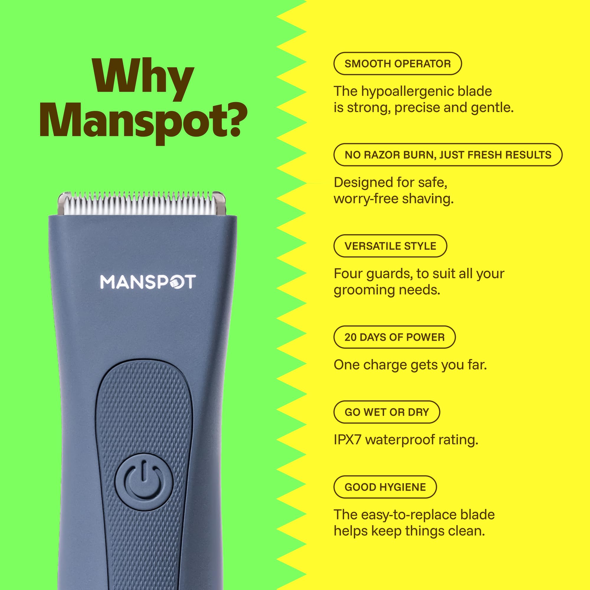 MANSPOT Electric Groin Hair Trimmer Hair Finishing Trimmers, Men's Shaving & Grooming Sets Kit with 4 Guards and Replaceable Ceramic Blade Heads,Waterproof Wet/Dry Trimmer,90 Minutes Shaving Tools: Airy Blue