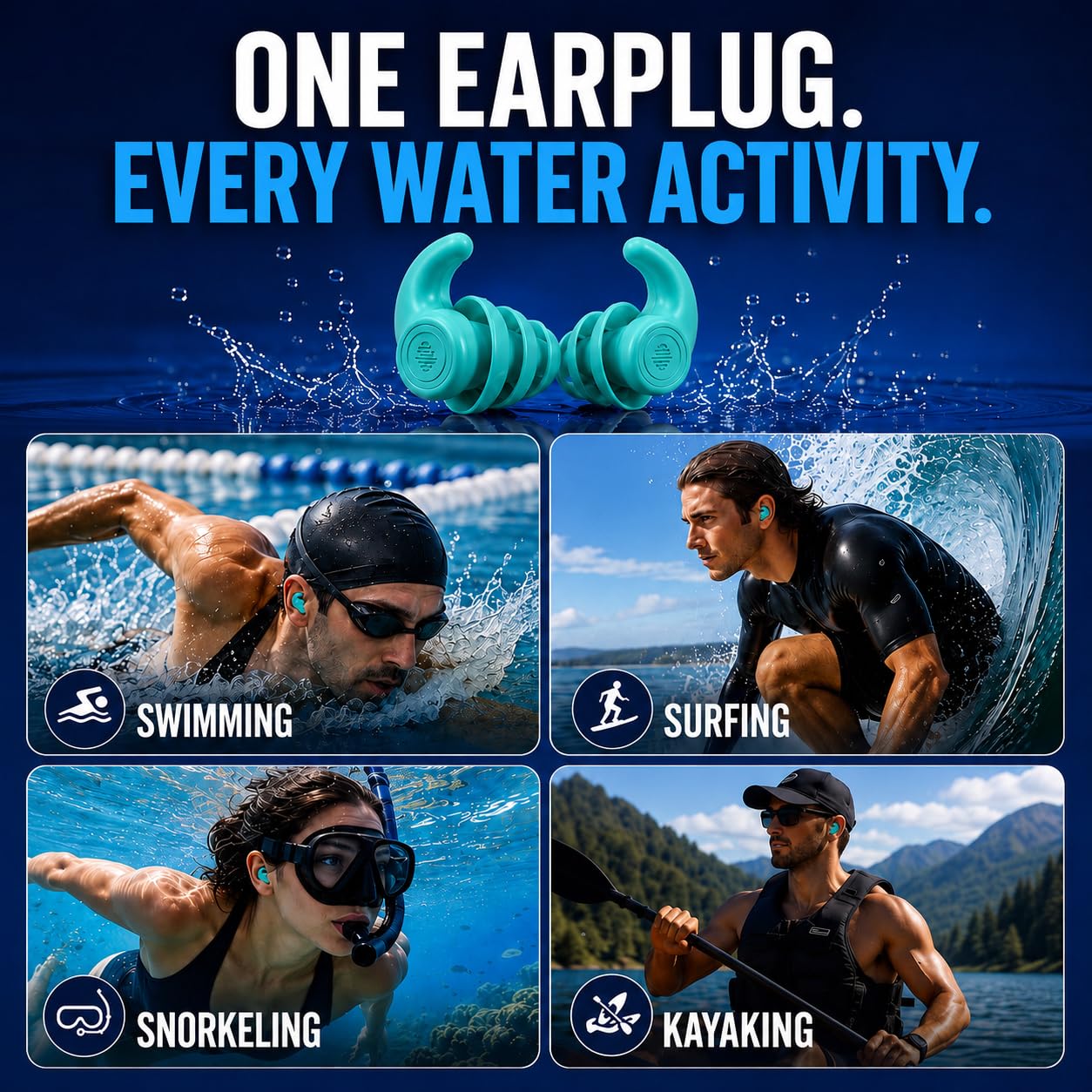 Pro Swim Tapones para los oídos, 3 pares, impermeables, reutilizables, de silicona, para natación, surf, esnórquel y todos los deportes acuáticos, verde, azul, coral