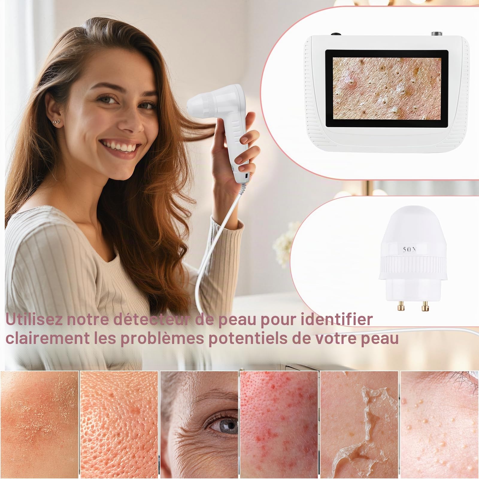 Analyseur de Cheveux de Peau Microscope Numérique LCD 5 Pouces Scanner Détecteur de Cuir chevelu 50X 200X Portable Rechargeable Huile de follicule pileux Détecteur d'Augmentation d'Humidité