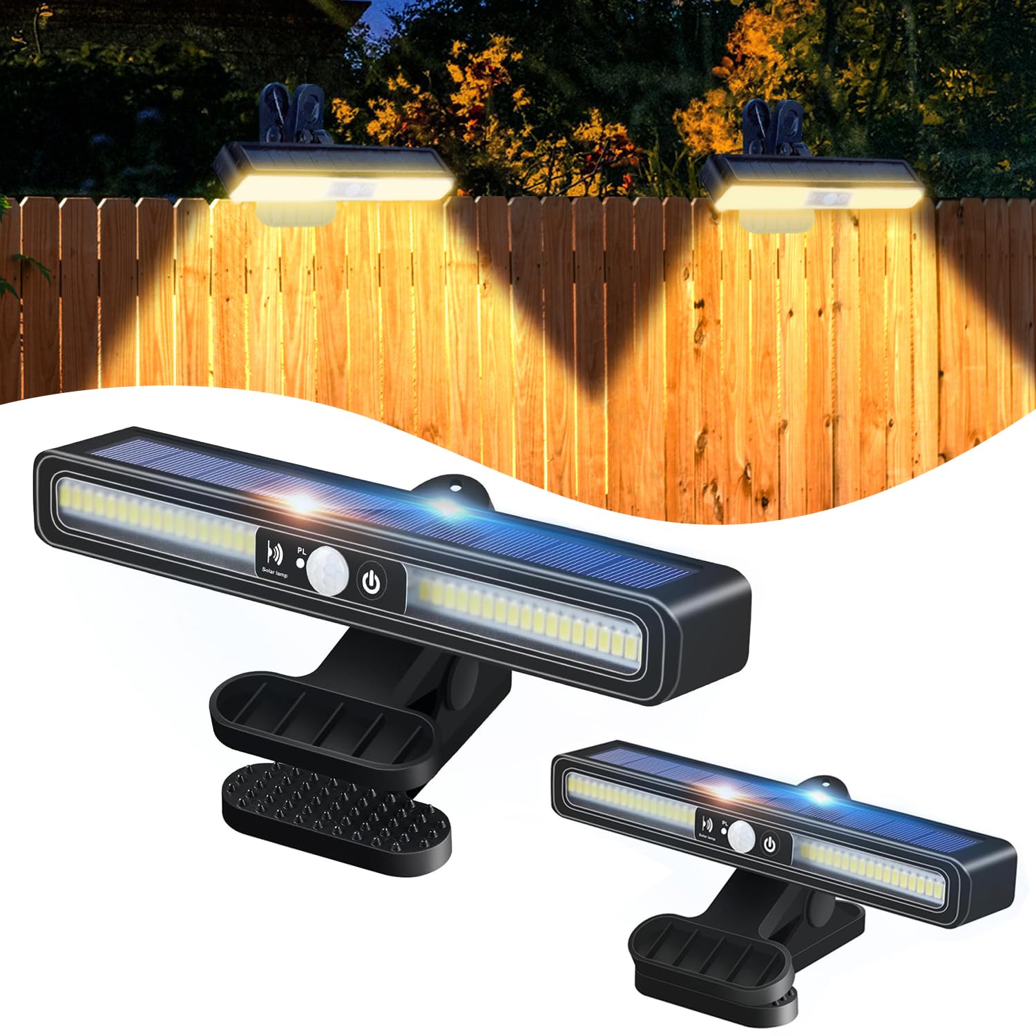 PEAKRO Solarlampen für Außen, 2 Stück Clip-on Solarleuchte mit Bewegungsmelder, 3 Modi LED Solarleuchten für Außen, IP65 Wasserdichte Solar Light für Garten Zäune Dachrinnen Warmes Licht Beleuchtung