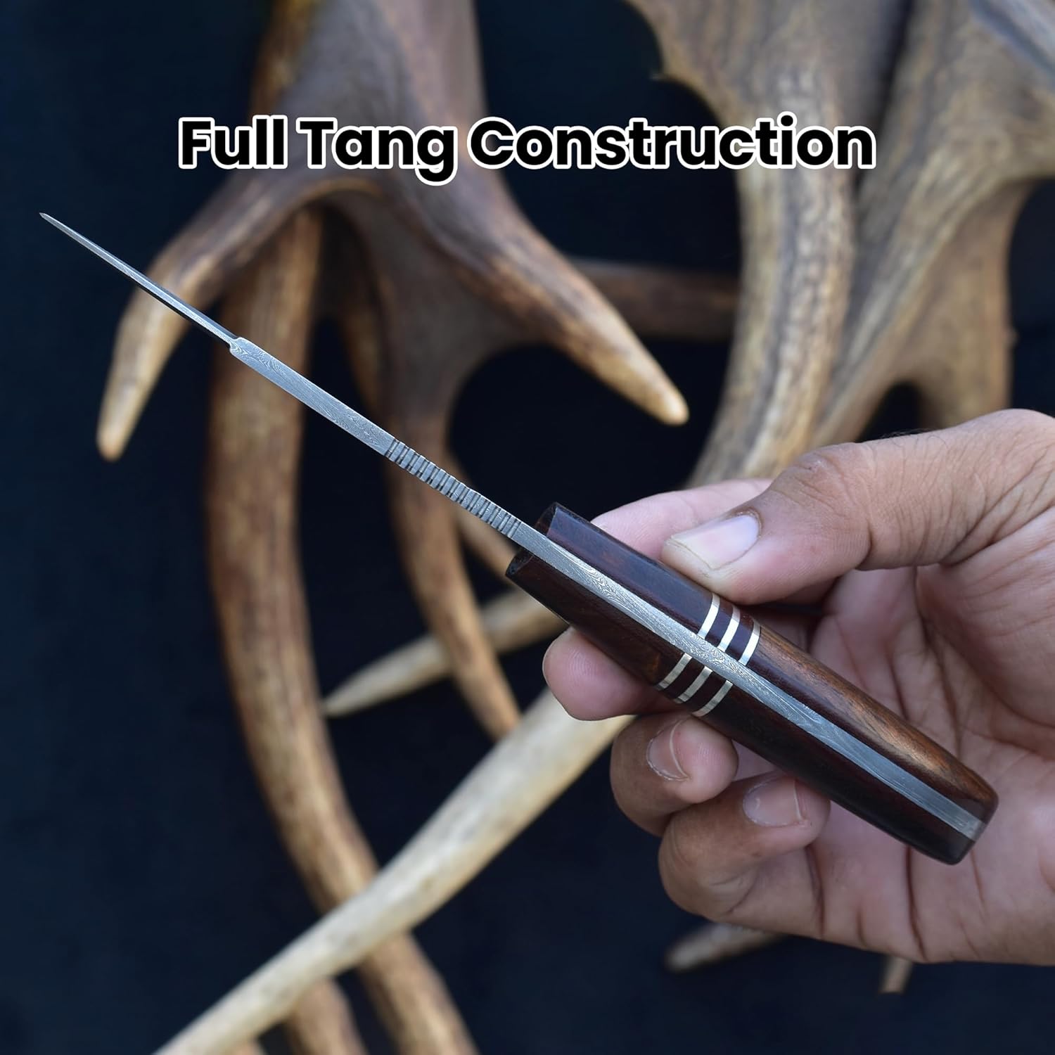 Knives Ranch Orca - Handmade Knife for Hunting, Camping, Bushcraft & Outdoors - Damascus Steel - Full Tang - Razor Sharp - Excellent Edge Retention - Rosewood Handle - Horizontal Carry Cowboy Sheath Snug FIt (3161-IRW)