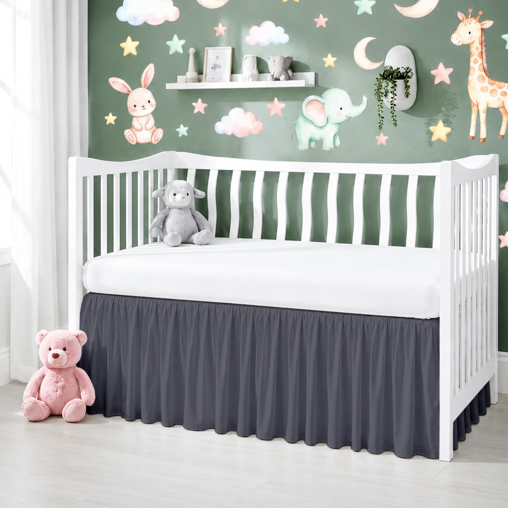 Cotton Crib Bed Skirt Dust Ruffle with Split Corners, 14" Drop, Dark Grey | Nursery Standard Crib Bedding Bed Skirt for Baby Boys and Baby Girls. Hides Under-Crib Storage for a Neat Appearance