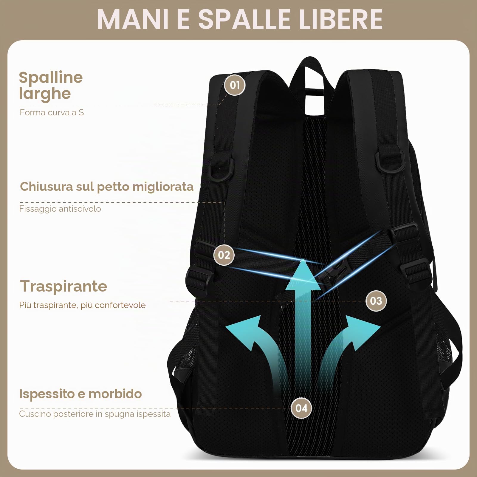 Amythe Zaino Scuola Media e Superiore per Ragazzo, Grande Zaino Scuola Ragazzi Impermeabile per 16" Laptop, Zaini da Viaggio Casual Leggero e Moda, 29L-Nero