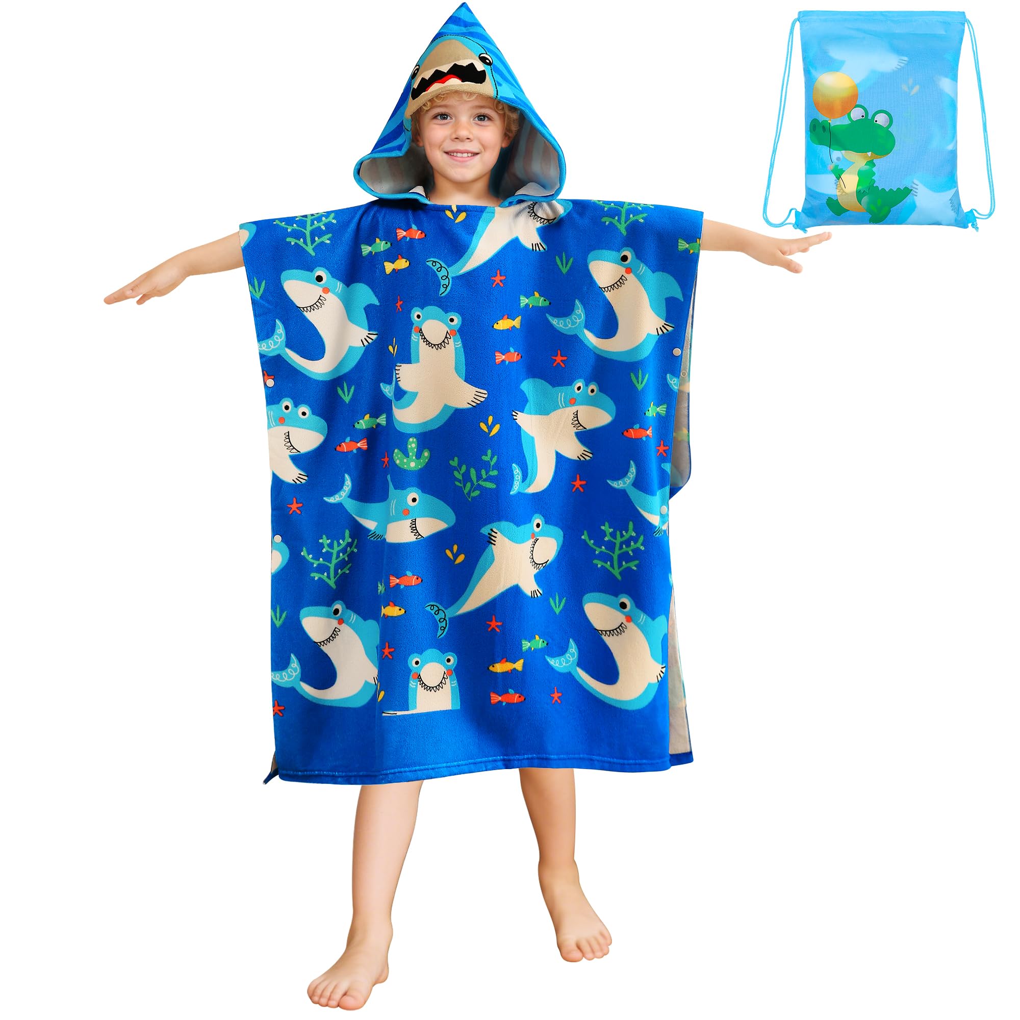 FILOWA Badponcho Kids Microvezel Badhanddoek met Kap Strand Badhanddoek Grote Handdoek Poncho Blauw Dinosaurus Strandlaken 75 * 180cm Zwembad Absorberende Handdoeken voor 6-15 jaar Jongens Meisjes