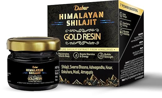 A picture of a bottle of Dabur Himalayan Shilajit/Shilajeet Gold Resin with the cover packet