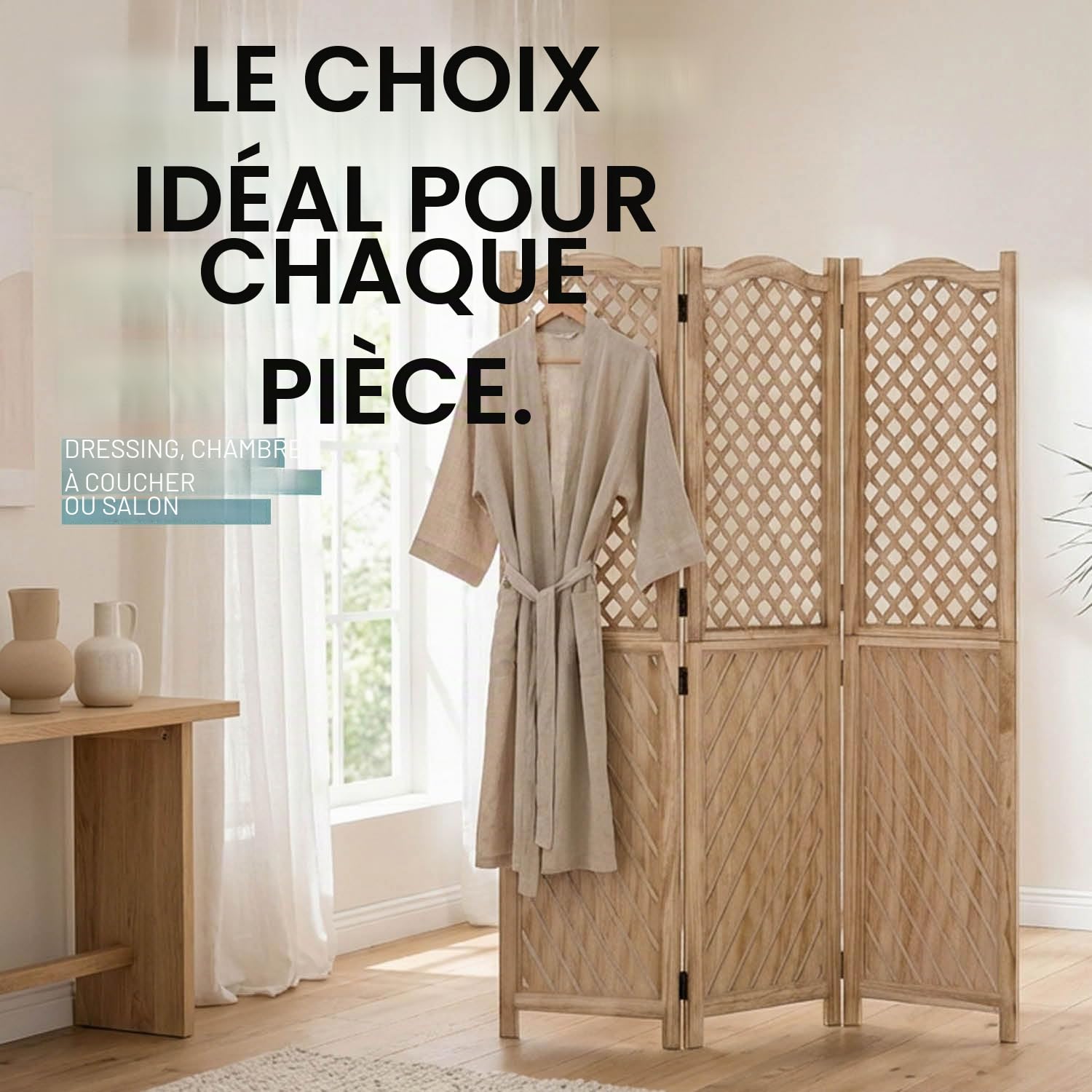Homestyle4u 2014 Paravent 3 panneaux en bois naturel, protection visuelle espagnole