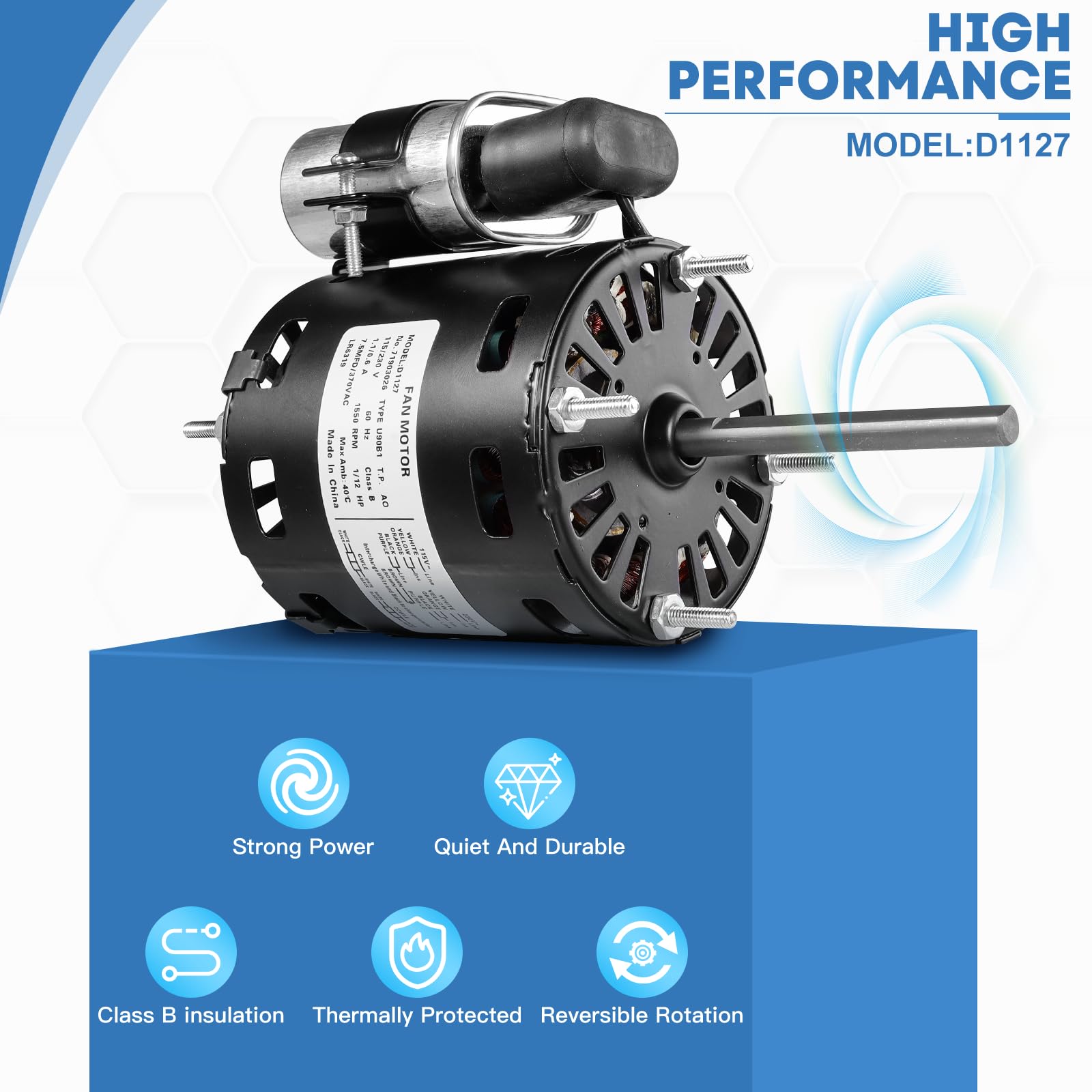 Motor HVAC D1127, 1/12 HP 1550 RPM, 115/230V CA, rotación reversible, protección térmica, diseño a prueba de goteo para sistemas de ventilación