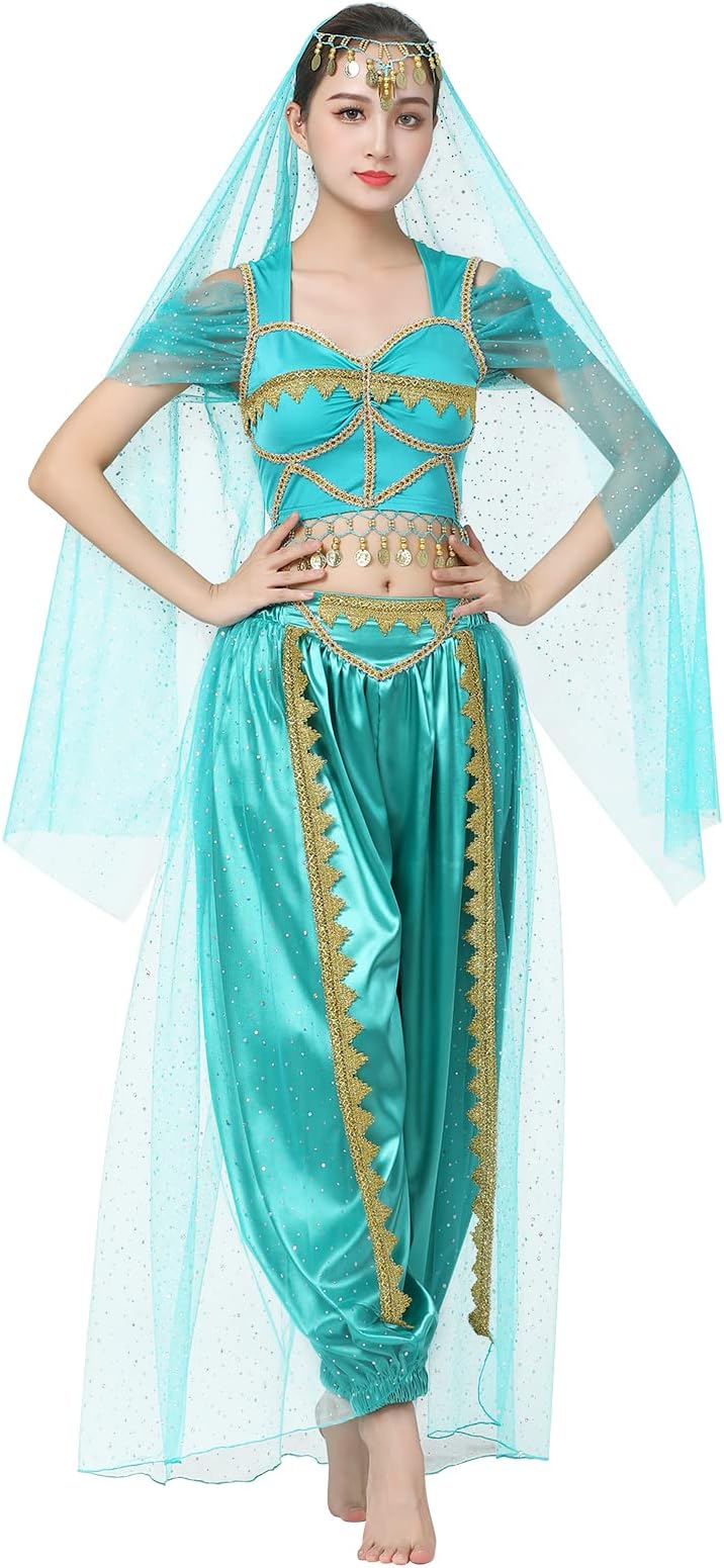 IDOPIP Women's Princess Jasmine Costume Adult Arabian Nights Princess Costume Fancy Dress up Carnival Halloween Outfit Belly Dance Cosplay Jasmine Princess Suit M-XL