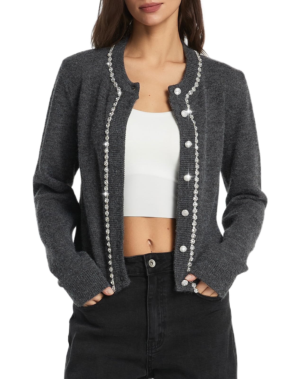 Women Cardigan Sweaters Button Down Sweaters for Women Fall Embellished Crew Neck Rhinestones Cardigans