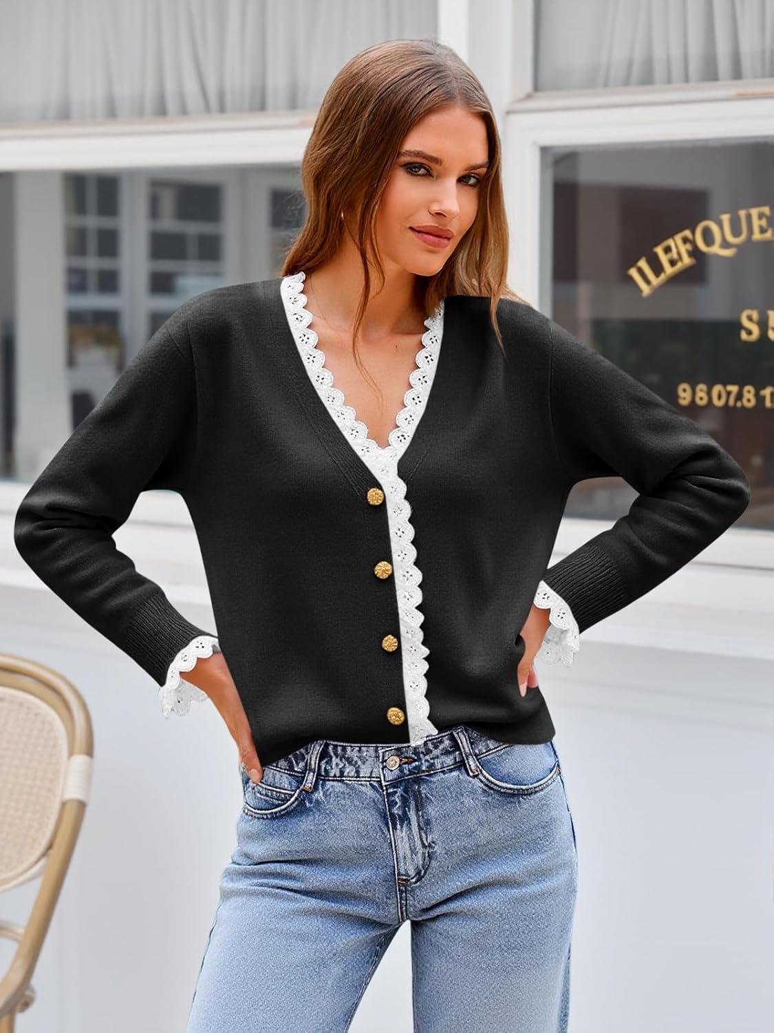 Cicy Bell Womens Lace V Neck Cardigan Sweaters Button Down Long Sleeve Knit Tops Fall Trendy Lightweight Open Front Sweater - Image 4