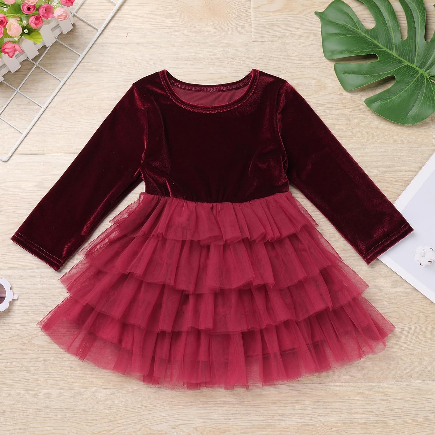 Kids Girls Fall Winter Long Sleeve Velvet Tiered Tulle Tutu Dress Wedding Flower Girl Dress - Image 5