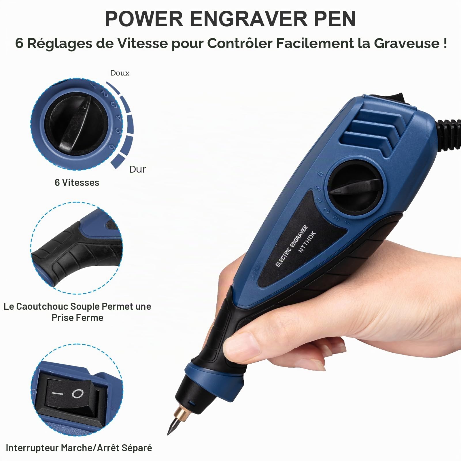 Stylo de gravure 25 W, outil de gravure électrique à 6 vitesses, stylo de graveur portable avec embouts en acier au carbure de tungstène pour bois, métal, verre, outil de gravure professionnel