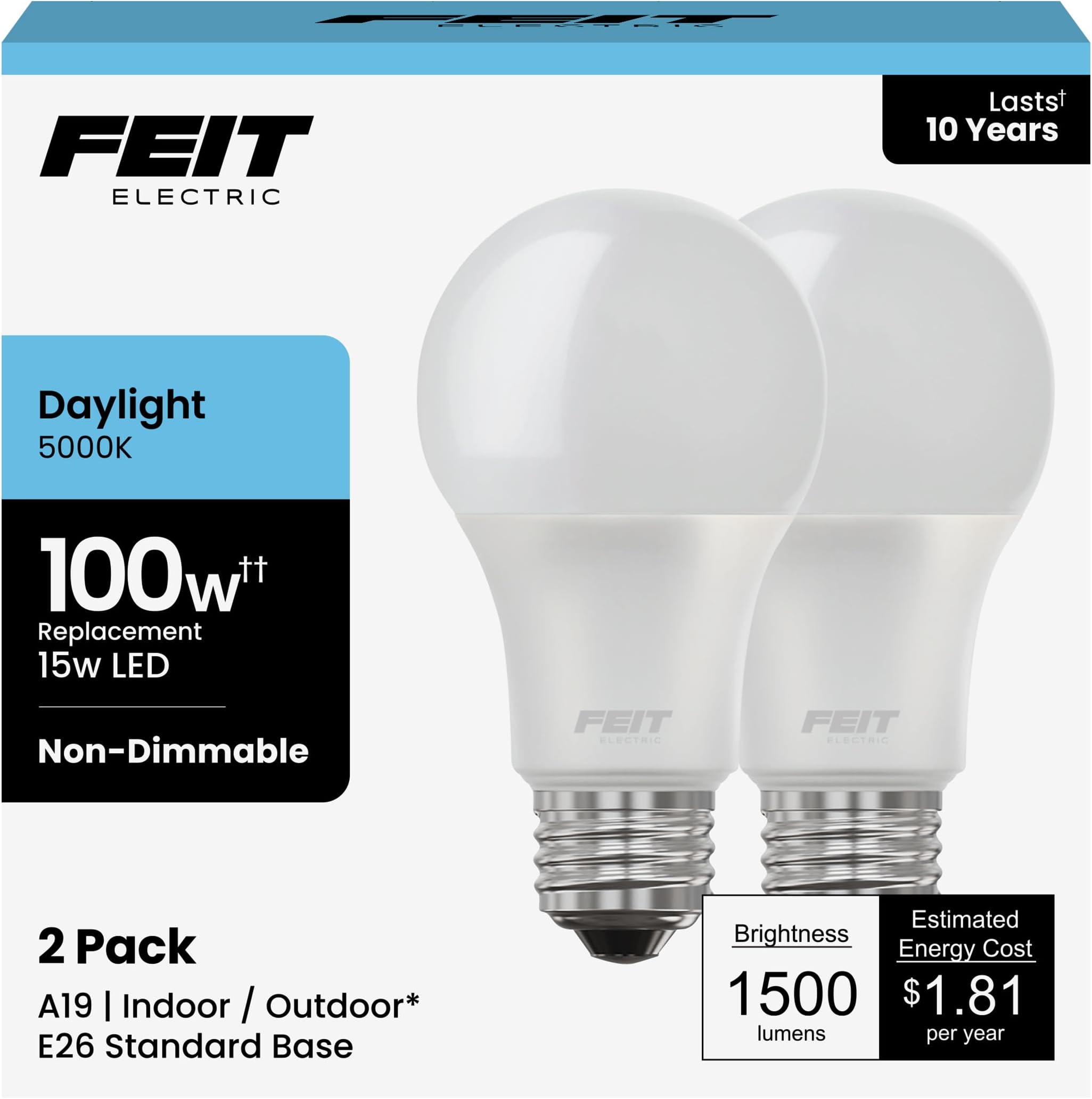 Feit Electric A19 LED Light Bulbs, 100W Equivalent, 1500 Lumens, Daylight 5000K, 15W, 11,000-Hour Lifespan, General Purpose Indoor/Commercial Use, A1600/850/10KLED/2, 2 Pack