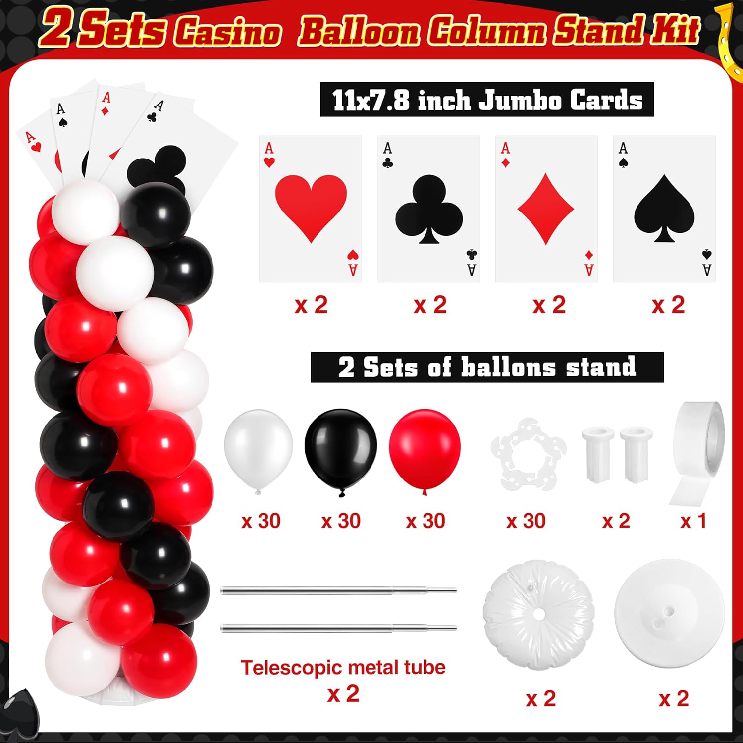 2 Sets Casino Theme Party Decoration Adjustable Poker Themed Balloon Column Stand Kit 8 Pcs Jumbo Poker Cards 129 Pcs Balloon Set for Las Vegas Game Night Birthday Party Supplies(Red Black and White)