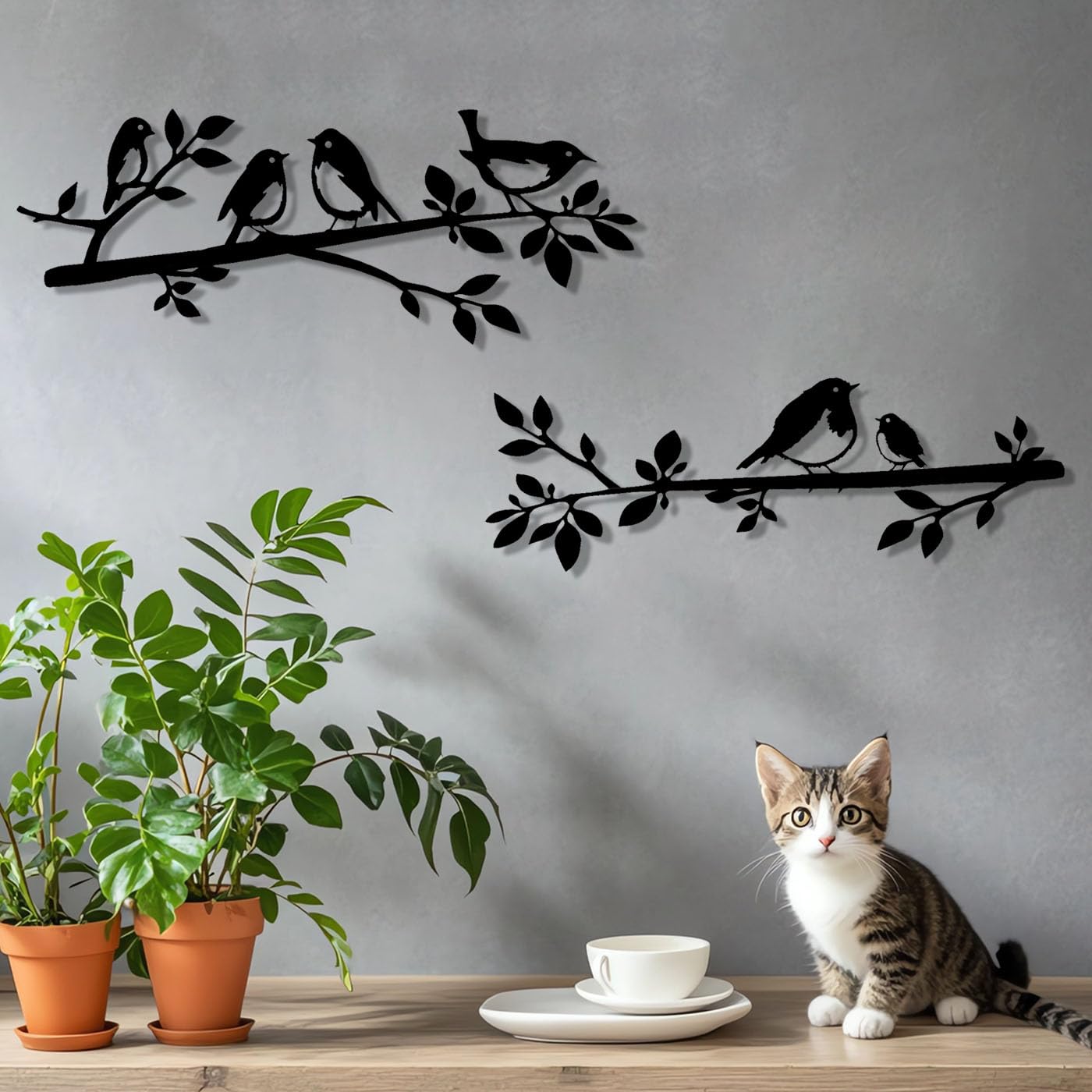 Oiseaux muraux en métal sur une branche,Décoration murale oiseaux en métal,Décoration murale en forme de feuilles avec silhouette d'oiseaux,Décoration jardin ou balcon,pour Décoration Murale (2)