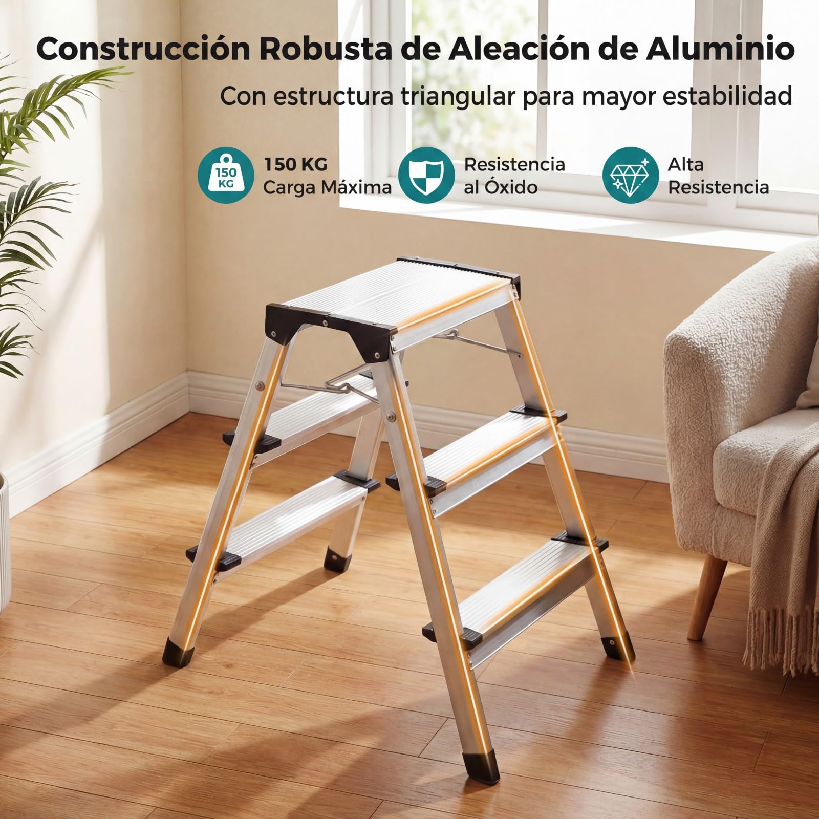 COSTWAY Escalera Plegable de Mano Aluminio, Escalera de Aluminio con 3 Peldaños Pedales Anchos y Patas Antideslizantes, Escalerita Ligera y Portátil para Hogar, Garaje, RV, Carga Máxima 150 kg