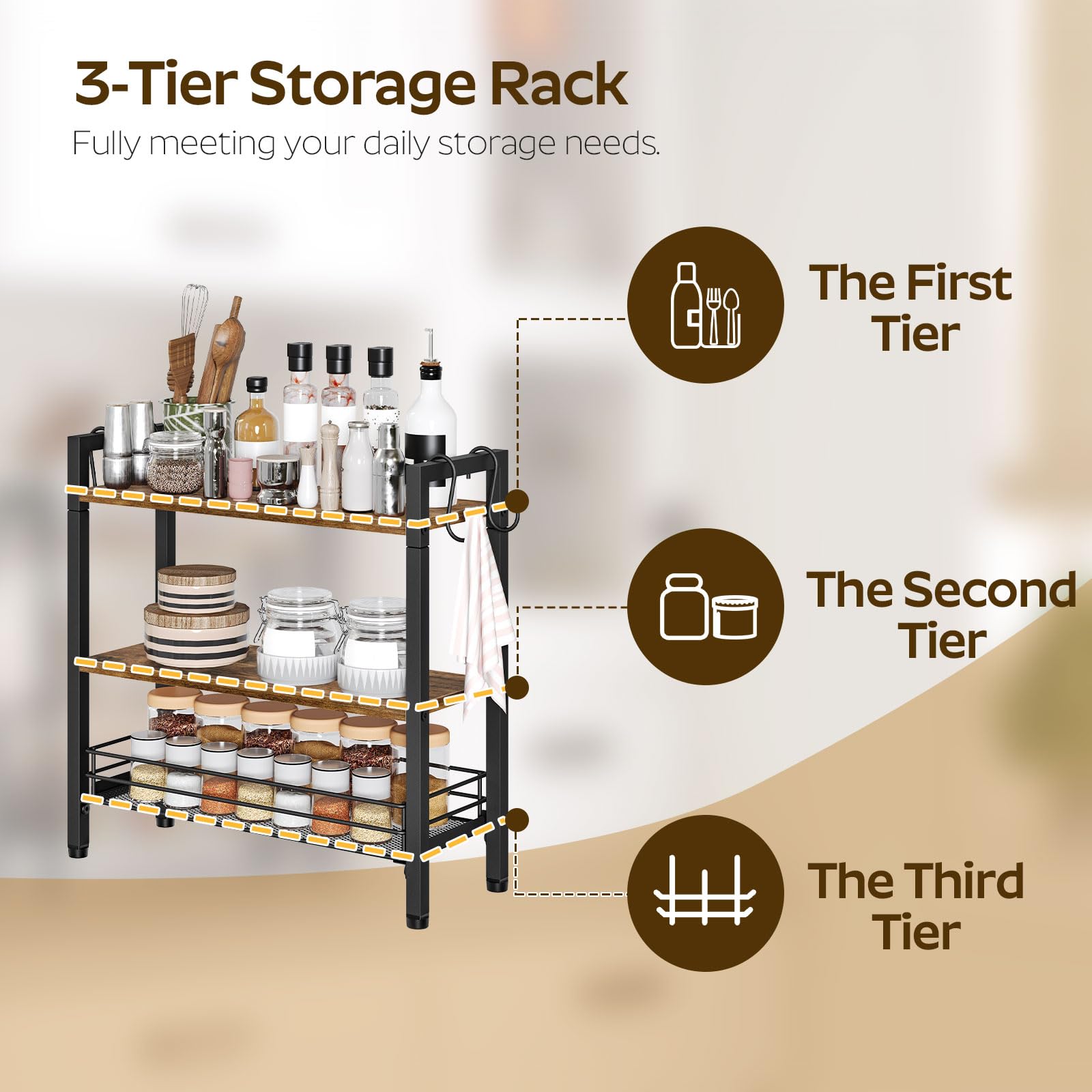 YATINEY 3-Tier Spice Rack, Counter Kitchen Shelf Organizer with Drawer, Wooden Spice Organizer with S Hooks for Countertop, Space-Saving, Rustic Brown SR40BR