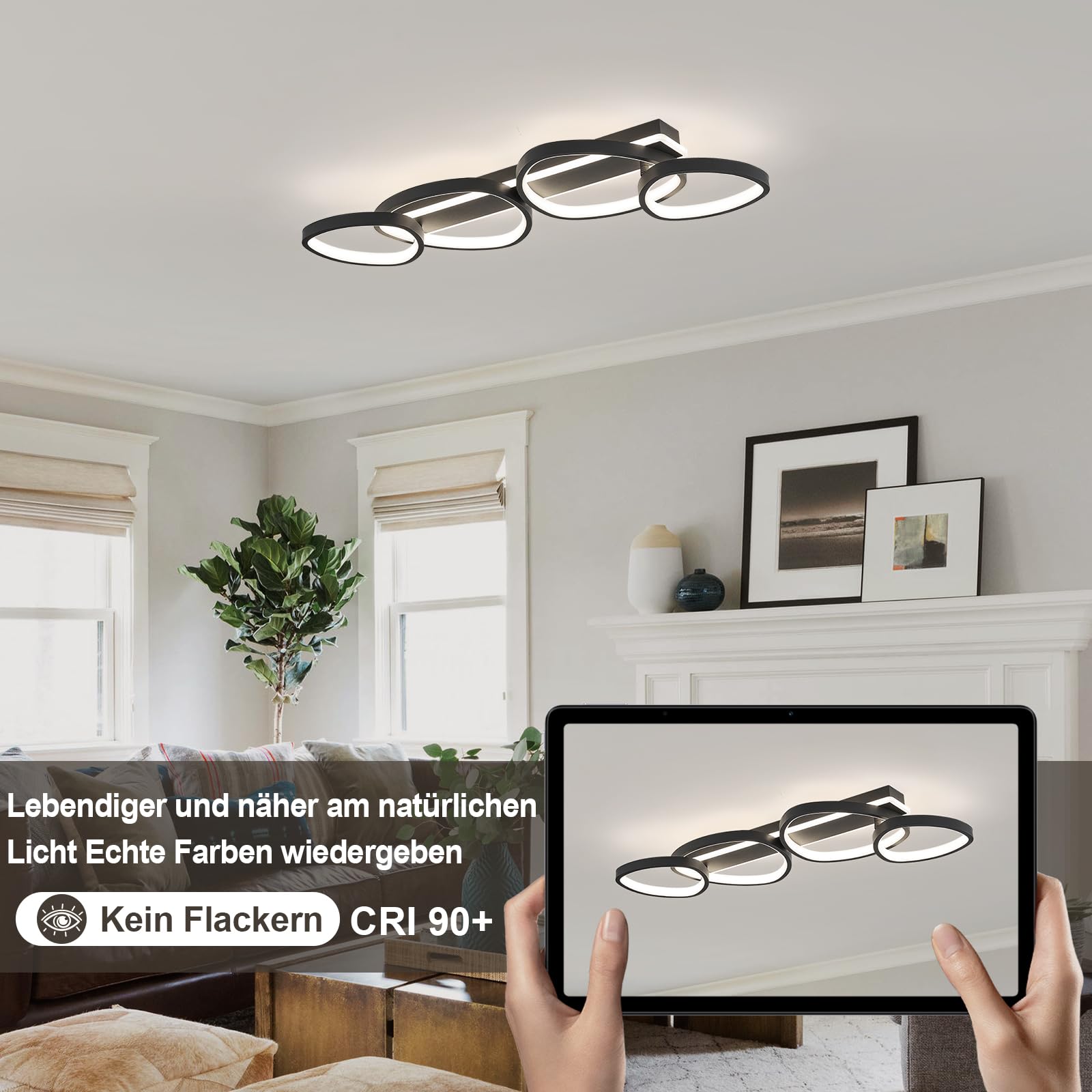 Qamra Moderne 4-Ringe Deckenlampe,Schwarz LED Deckenleuchte,82 cm,4000 K