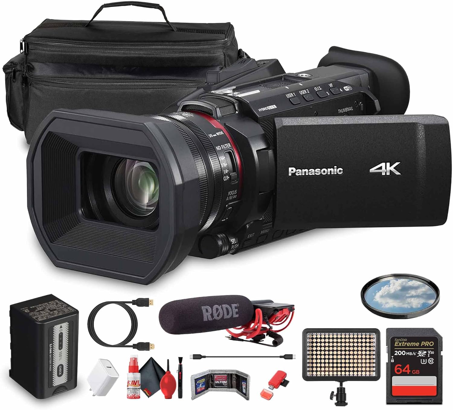 Panasonic HC-X1200 UHD 4K HDMI Lightweight Compact Camcorder with 24x Zoom (HC-X1200) + Mic + Case + LED Light + 64GB Memory Card + USB-C Cable + Cleaning Kit + USB-C Adapter + HDMI Cable + More