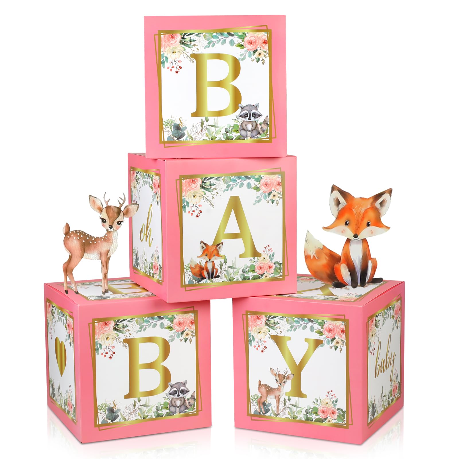 Baby Boxes with Letters for Baby Shower, 4pcs Floral Print Balloon Boxes Decorations for Gender Reveal Blocks BabyShower for Girl First Birthday Centerpiece Party Favors (Pink)