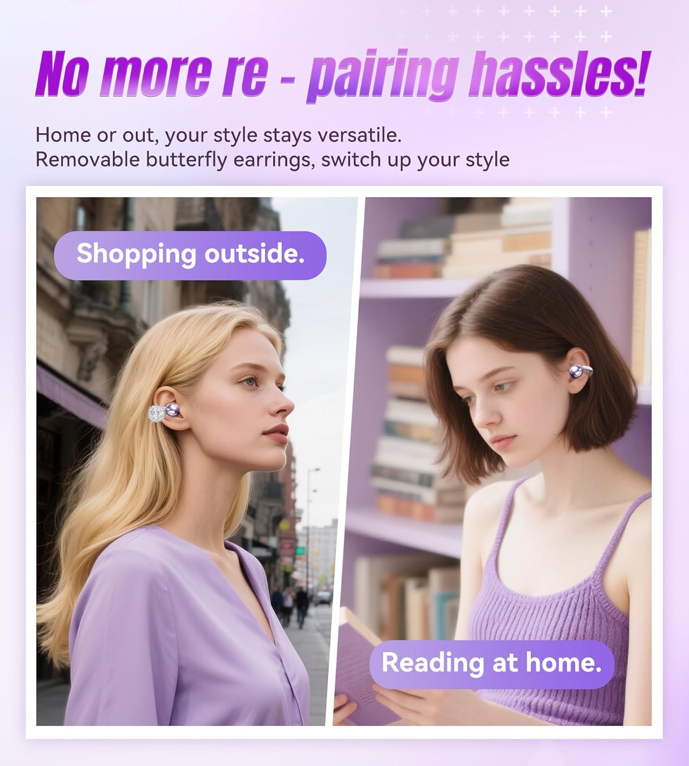 King Lucky i21 Open Ear Clip On Earbuds Wireless Bluetooth Ear Clip Headphones with Mic,Noise Cancelling, Waterproof IPX4,for Small Ears,Perfect for Running,Sports,Glasses Wearers (11-Light Purple) - Image 4