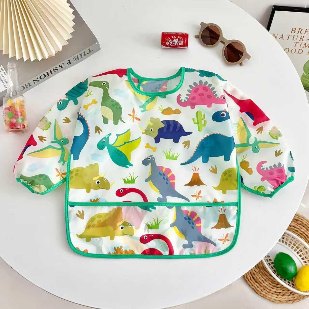 PandaEar 3 Pack Baby Long Sleeve Bibs, Waterproof Toddler Smock for Eating & Arts, Sleeved Bib with Elastic Cuffs & Pocket, Fits 6-36 Months (Whale/Dinosaur)